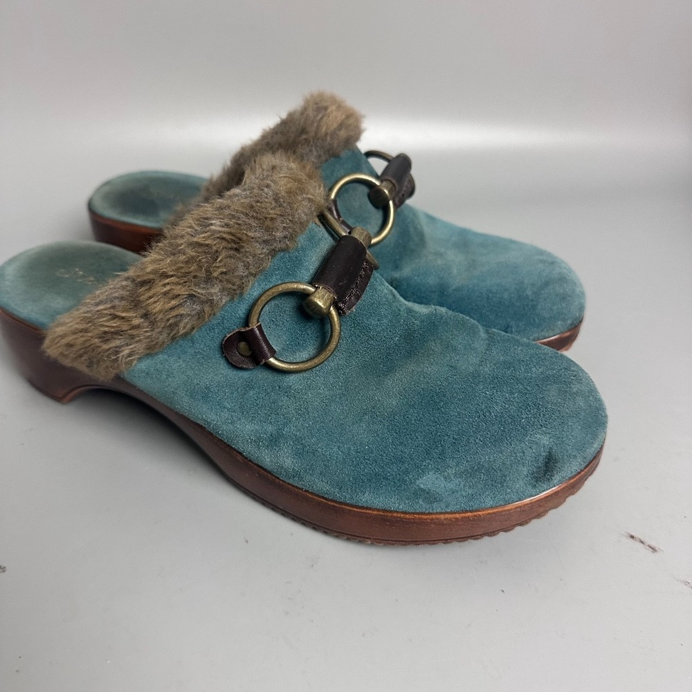 St. Johns Bay Teal Suede Faux Fur Trim Horsebit Mules Clogs Platform Wedge
